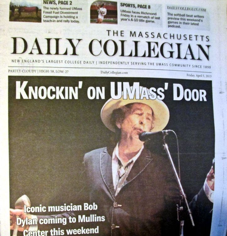 the massachusetts daily collegian 2013 magazine Bob Dylan front cover