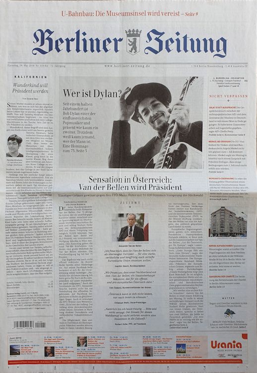 Berliner Zeitung 2016 Bob Dylan front cover