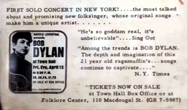 Bob Dylan 1963 Town Hall Concert Programme