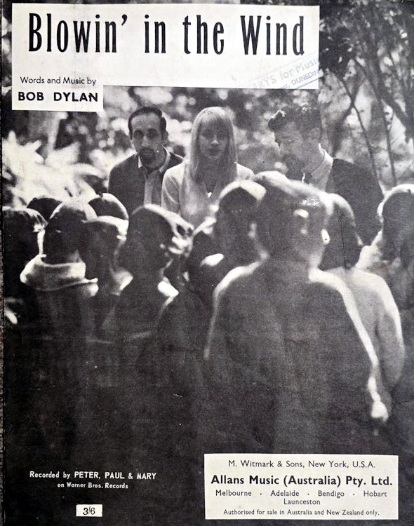 bob dylan blowin' in the wind Peter, Paul And Mary', Allans Music, Australia sheet music
